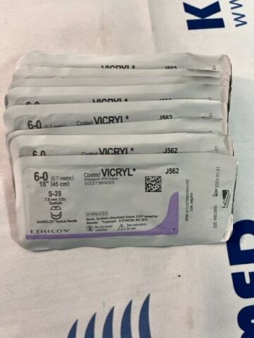 ETHICON J562 Coated Vicryl Polyglactin 910 Suture, Violet Braided, 6-0 18in, Exp. 2023-01-31, Lot of 10 Sutures
