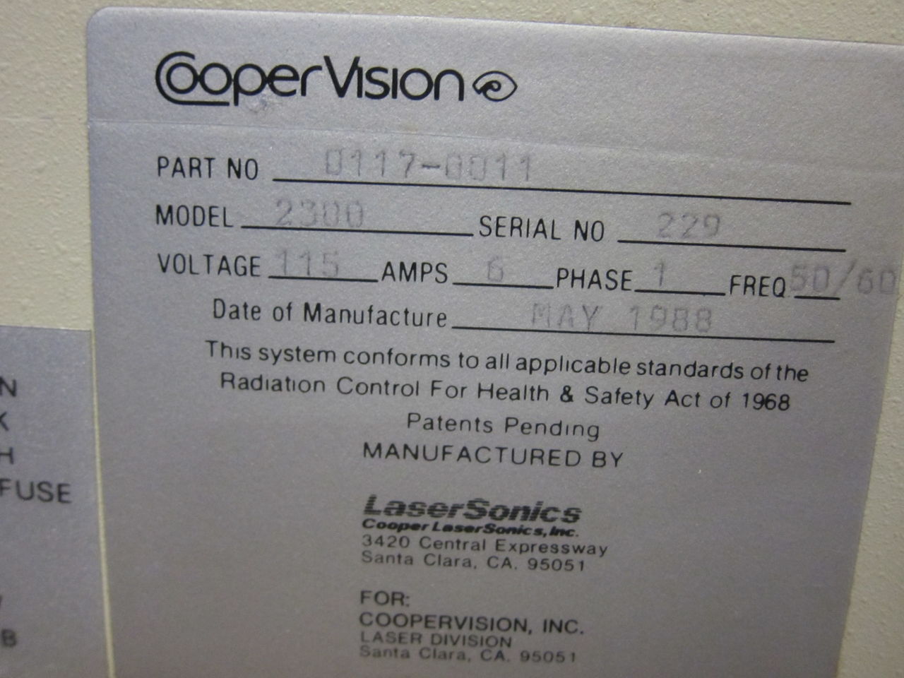 COOPER LASERSONICS CooperVision 2300 Laser - YAG