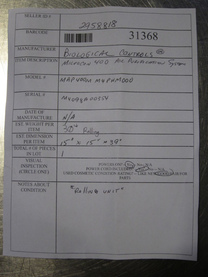 BIOLOGICAL CONTROLS Microcon 400 System