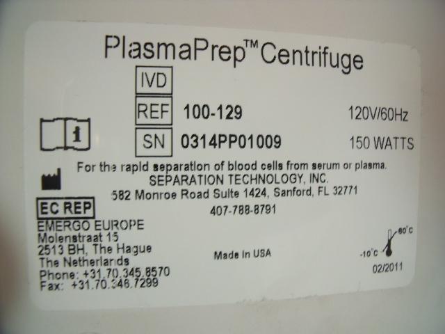 SEPARATION TECHNOLOGY INC 100-129 PLASMAPREP Centrifuge