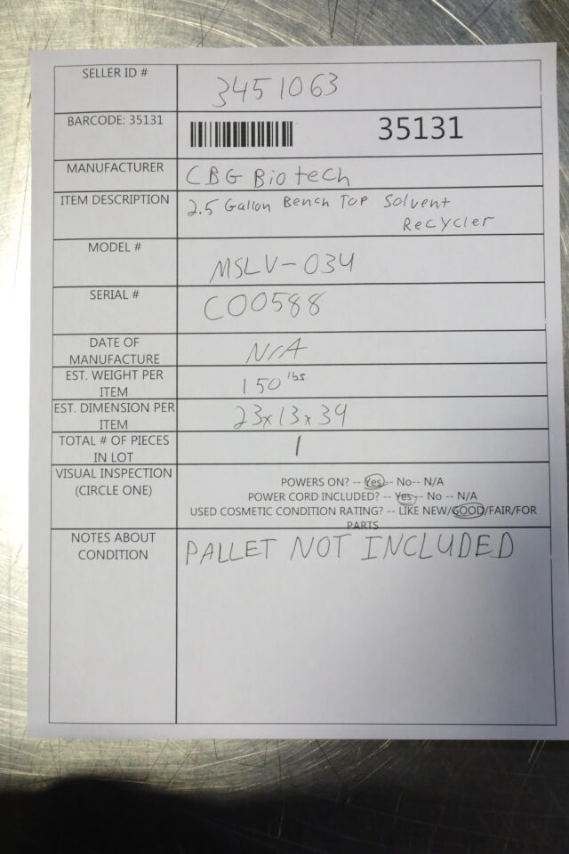 CBG BIOTECH MSLV-034 Solvent Recycler
