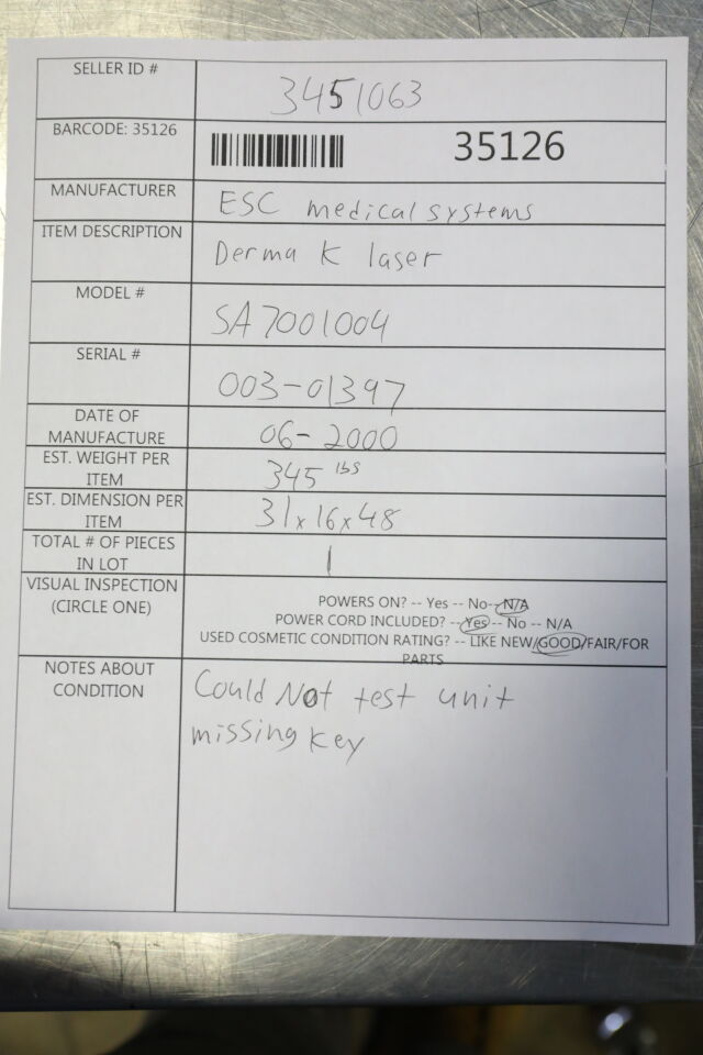 ESC MEDICAL SYSTEMS Derma K Laser - Erbium