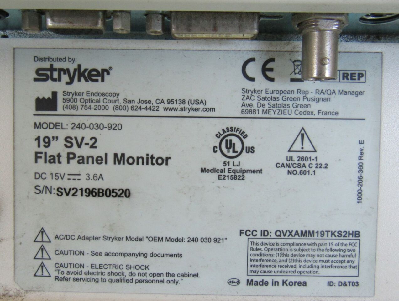 STRYKER 19 SV-2 Flat Panel Display Monitor