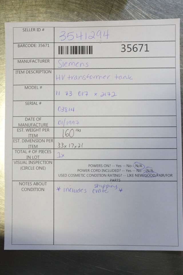 SIEMENS 11 73 017 X2172 HV Transformer Tank CT Scanner