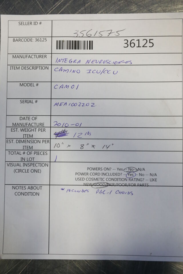 INTEGRA NEUROSCIENCES Camino Cam01 Monitor