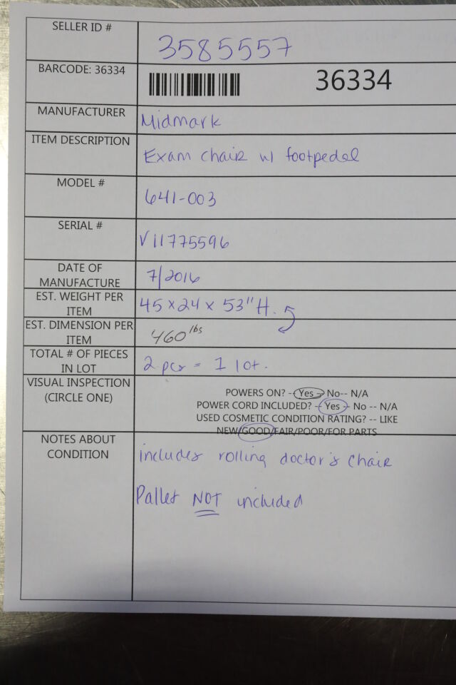MIDMARK 641-003 Exam Chair