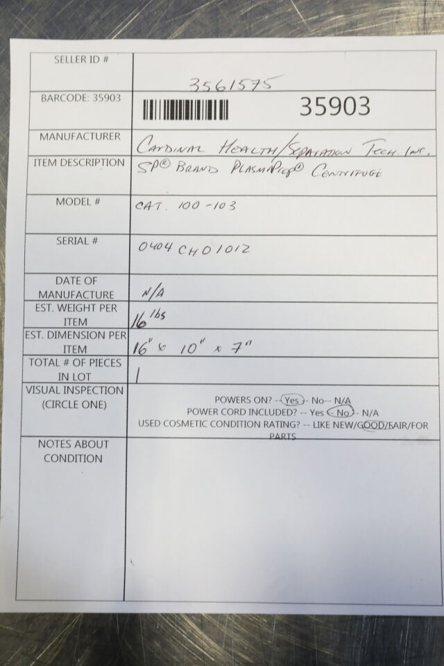 CARDINAL HEALTH SP Brand PlasmaPrep Centrifuge