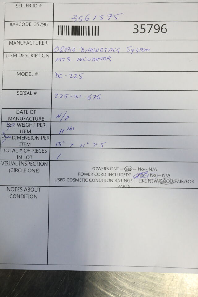ORTHO DIAGNOSTICS SYSTEM MTS DC-225 Incubator
