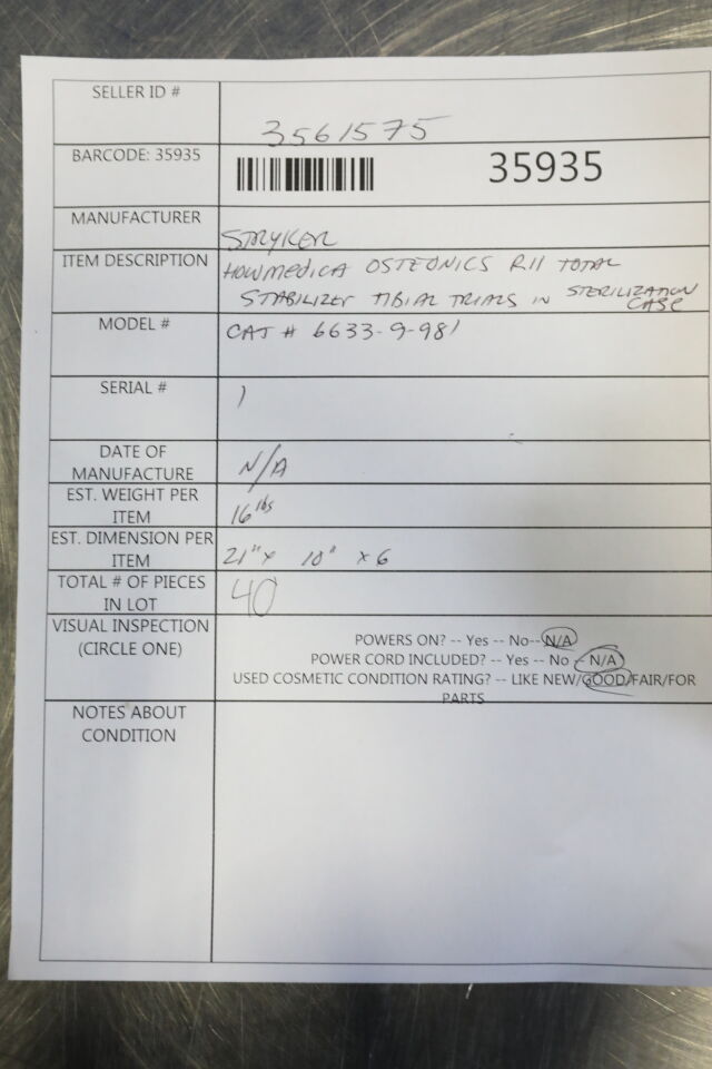 STRYKER HOWMEDICA 66339981 R11 Total Stabilizer, Tibial Trails in Case